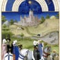 Enluminure du folio 8 (verso) du mois daot extraite d'un livre d'heures, appelant les prires et les diffrentes tches  accomplir tout au long de l'anne. Le chteau reprsent sur cette image n'est autre que le chteau d'Etampes.